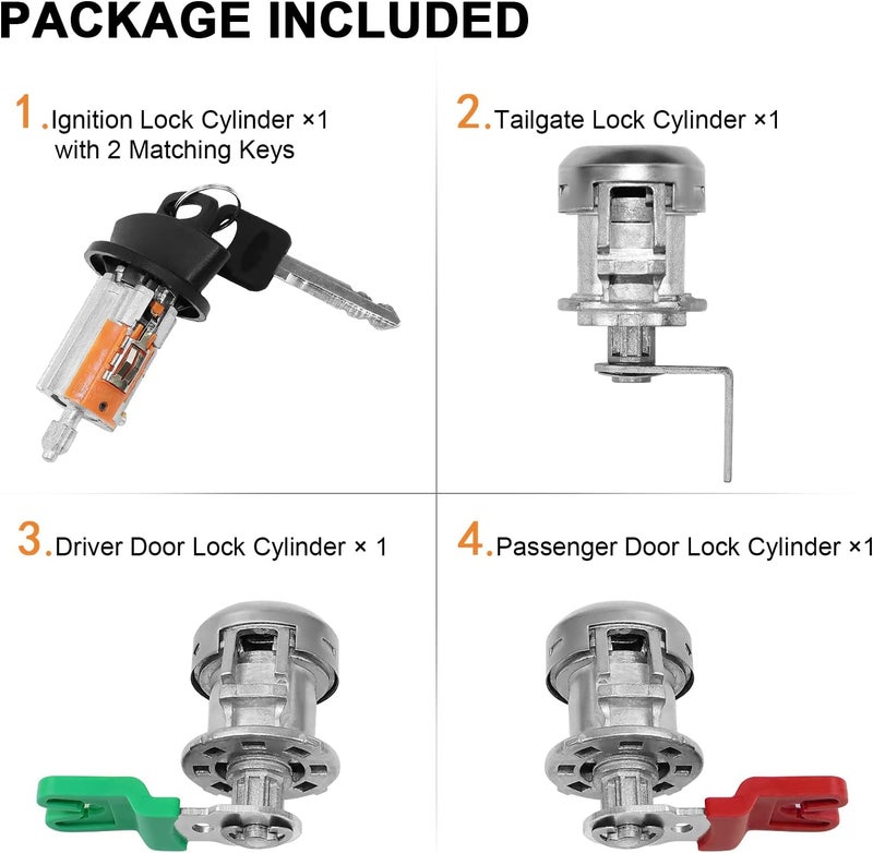 MOTORSTAR C-42-195 Ignition Switch Lock Cylinder & Door & Pickup Tailgate with Lock Pawl Lever Set w/2 Keys for Ford F-Series F150 1997-2003, F250 & F350 1998-2004, Replace# LC6177+DL5885+597638 (No Chip) - Image 2